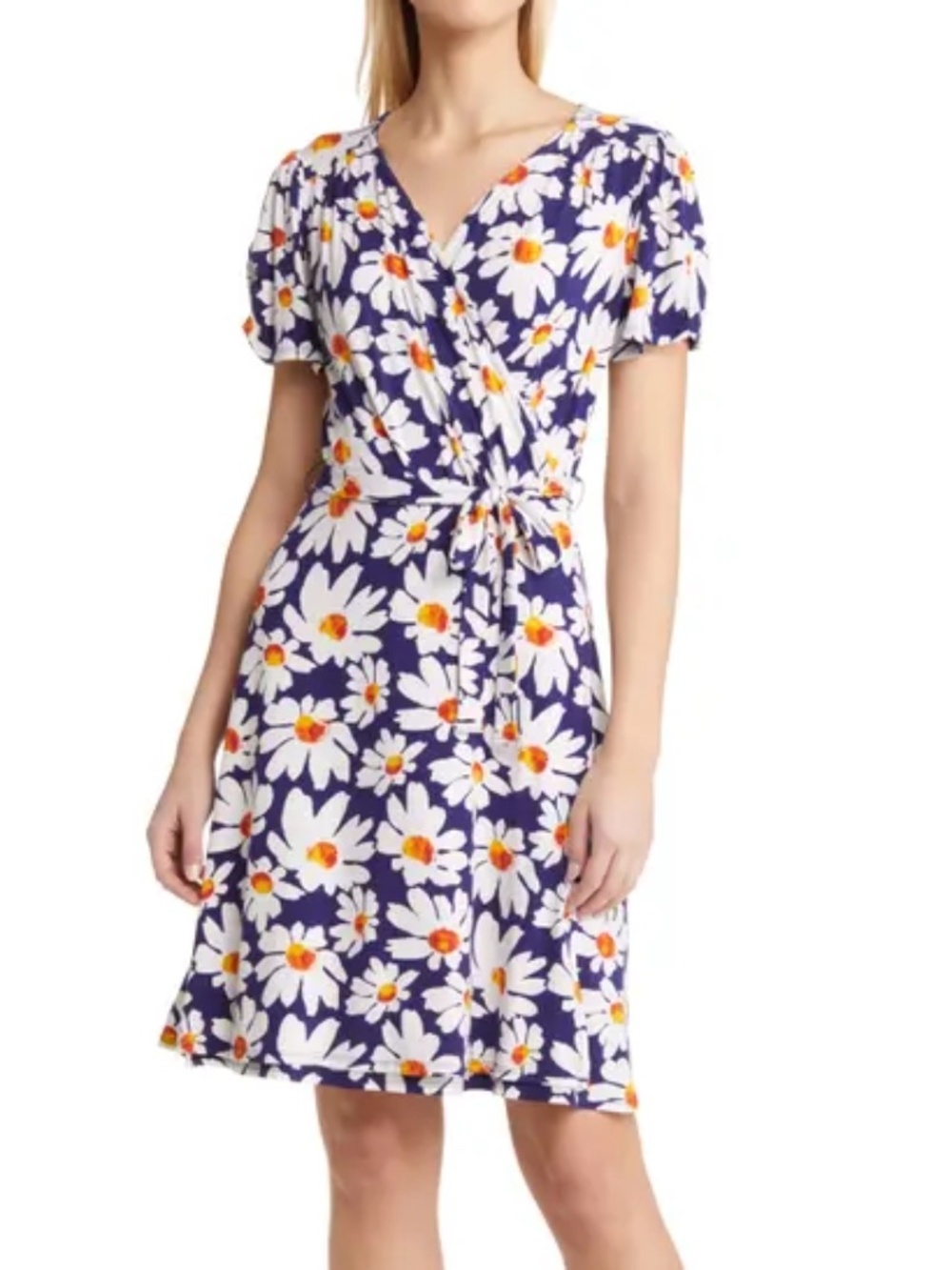 Loveappella Floral Faux Wrap Knit Dress In Navy/ivory  - size Large - NWT